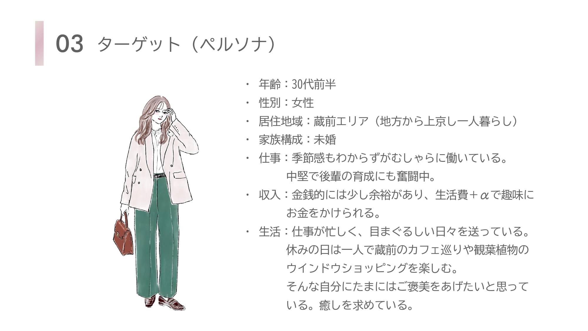 ターゲット（ペルソナ）ページ。30代前半のキャリアウーマンを想定。