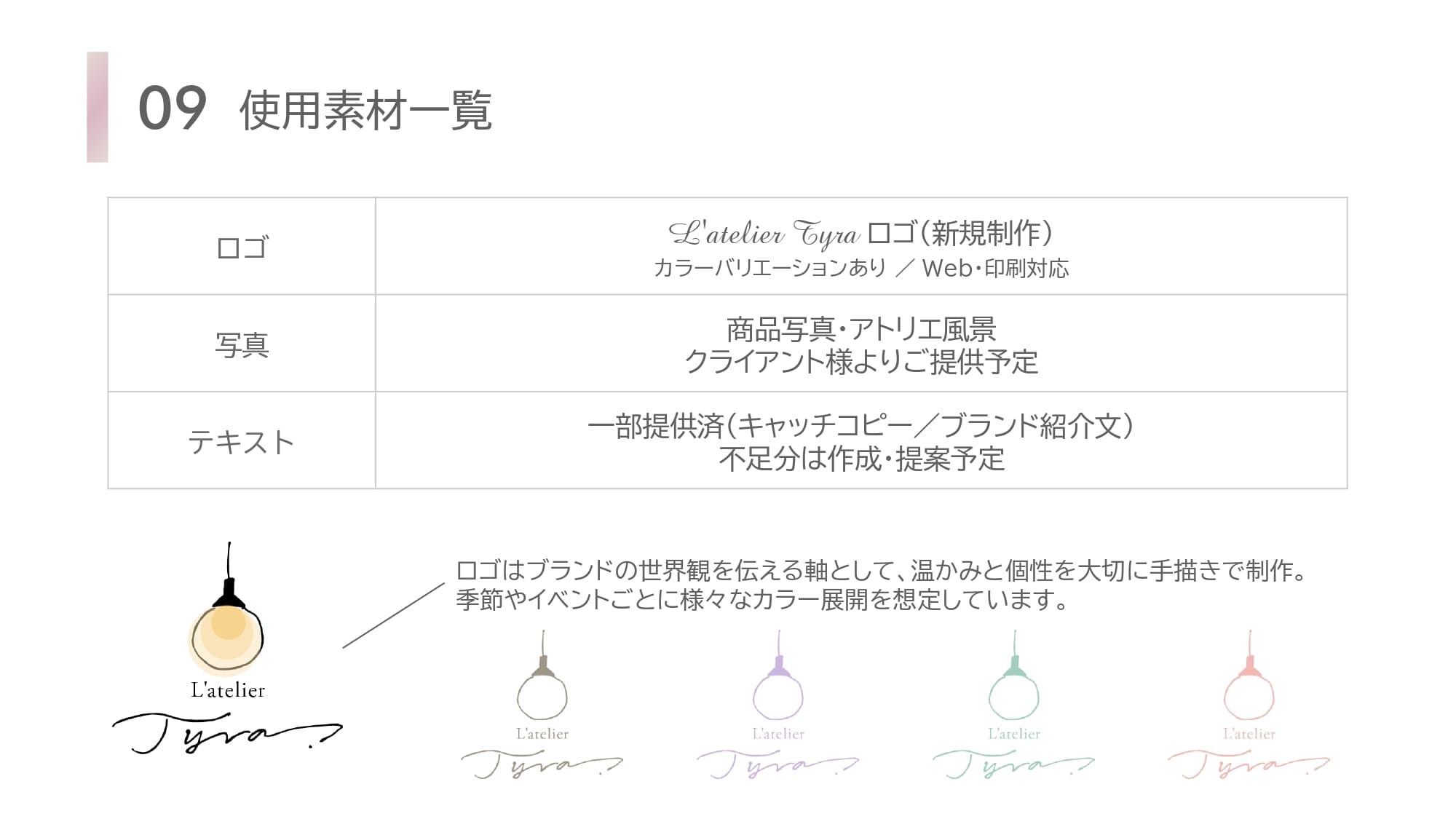 使用素材一覧ページ。ロゴは温かみと個性を大切に手書きで新規制作。